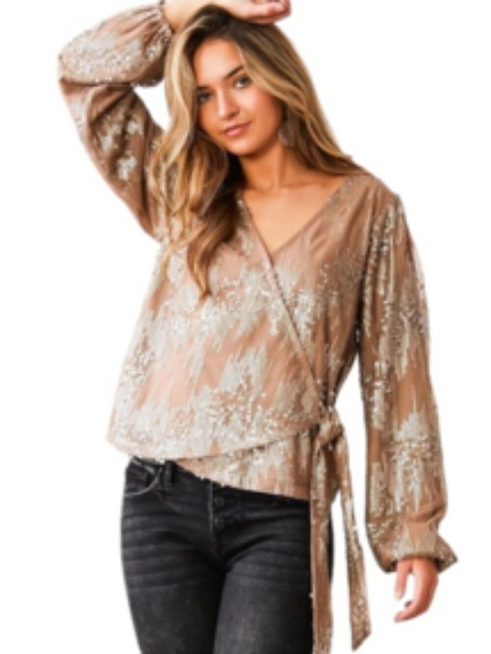Willow Rose Gold Sequin Wrap Blouse
